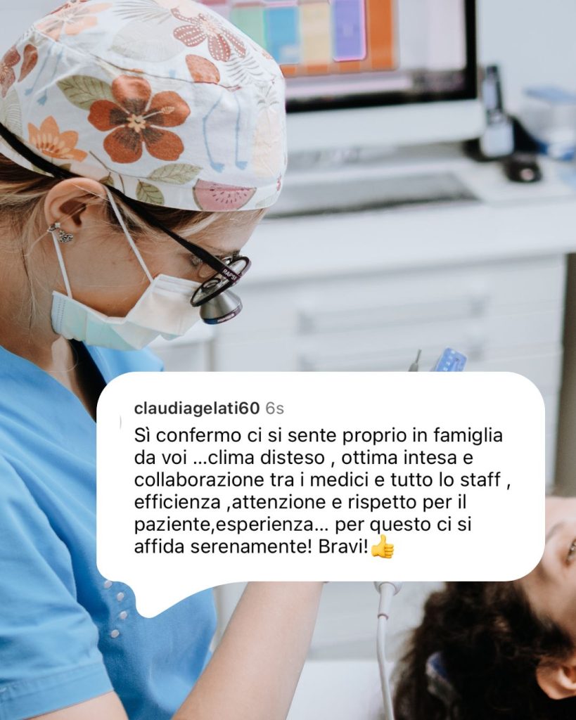 Immagine di una recensione con su scritto: "Sì confermo, ci si sente proprio in famiglia da voi... clime disteso, ottima intesa e collaborazione tra i medici e lo staff. Efficienza, attenzione e rispetto per il paziente, esperienza... per questo ci si affida serenamente! Bravi."