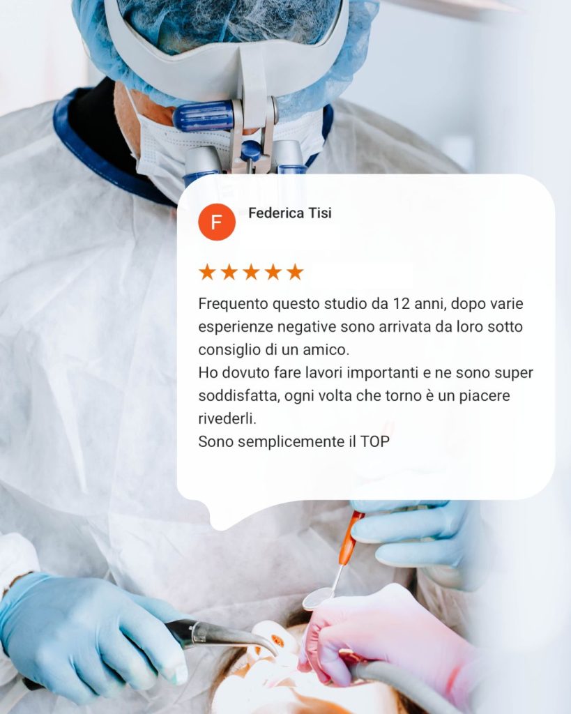 Immagine di una recensione con su scritto: "Frequento questo studio da 12 anni, dopo varie esperienze negative sono arrivata da loro sotto consiglio di un amico. Ho dovuto fare lavori importanti e ne sono super soddisfatta, ogni volta che torno è un piacere rivederli. Sono semplicemente il TOP".