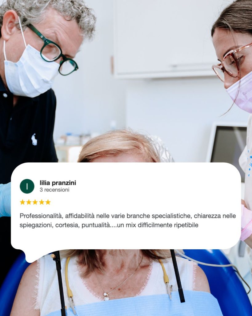 Immagine di una recensione con su scritto: "Professionalità, affidabilità nelle varie branche specialistiche, chiarezza nelle spiegazioni, cortesia, puntualità... un mix difficilmente ripetibile."